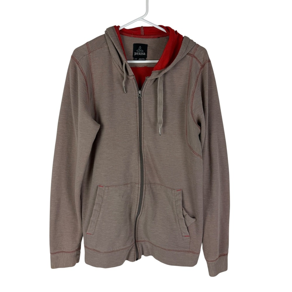 Prana Men's Large Full Zip Hoodie Tan Red Organic Cotton Textured‎ Rib Knit - Picture 5 of 11